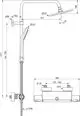Duschsystem von Ideal Standard mit Brausethermostat und einem 1500 mm langen Schlauch, abgebildet in technischen Zeichnungen mit Maßangaben.